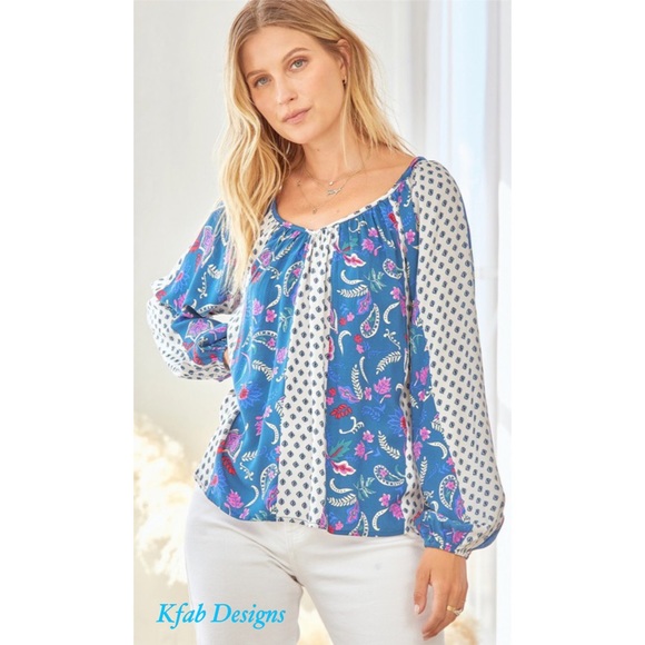 ❤️LAST 1! V Neck Ballon Sleeves Pattern Mix Back Tie Flowy Blouse! - Picture 3 of 8